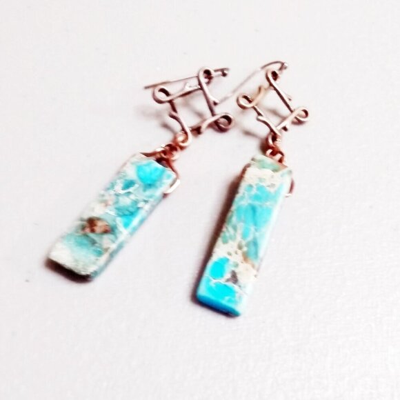 Aqua Turquoise + Sand ~ Sea Sediment Jasper Bar + Copper Dangle Earrings - Picture 4 of 7